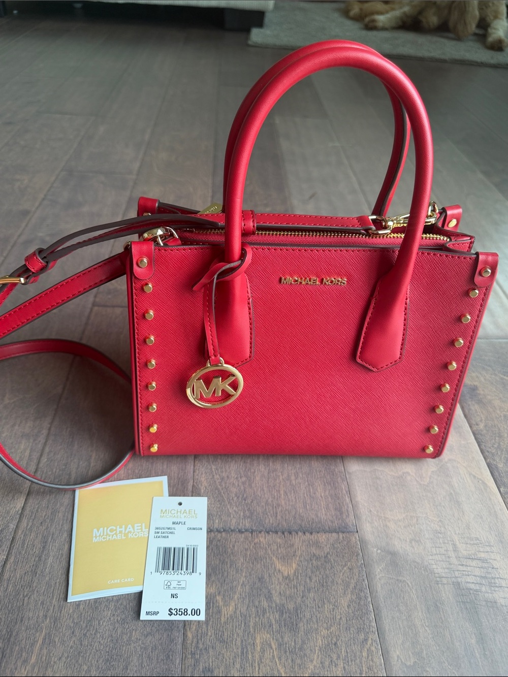 Michael Kors Red Saffiano Leather Studded Small Satchel
